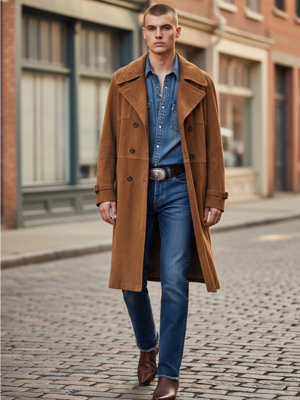 Vintage Rare 70’s Camel Tan Suede Double Breasted Western Long Trench Coat - Picture 3 of 12